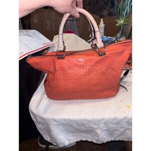 Guess Coral Perforated Satchel Handbag Gold Tone Hardware Top Handle